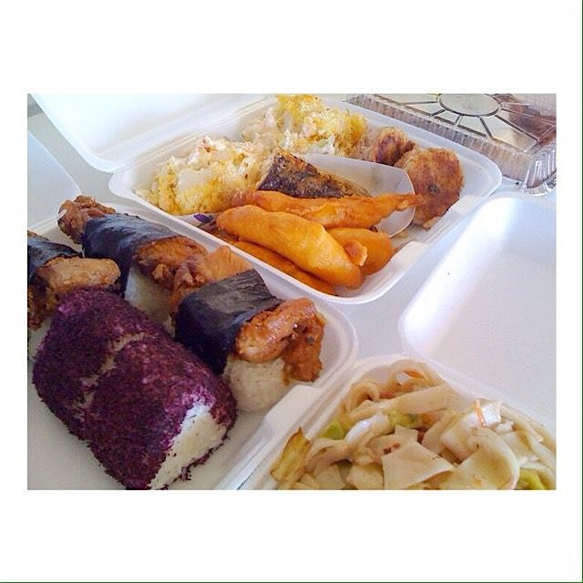 Okazu style lunch. Musubi's, Chow Fun, Shrimp Tempura, Seafood Casserole, & Cornbeef Hash. GET IN...