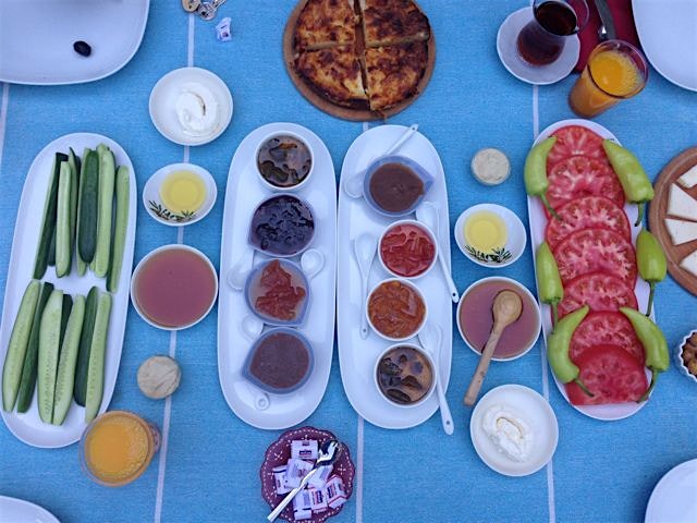 Picture perfect breakfast in Assos, Turkey. Homemade preserves and veggies from the garden.