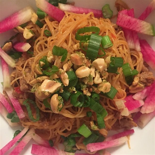 Pork Dan Dan noodles. So nice they named it twice. With watermelon radish & garlic-lime peanuts o...