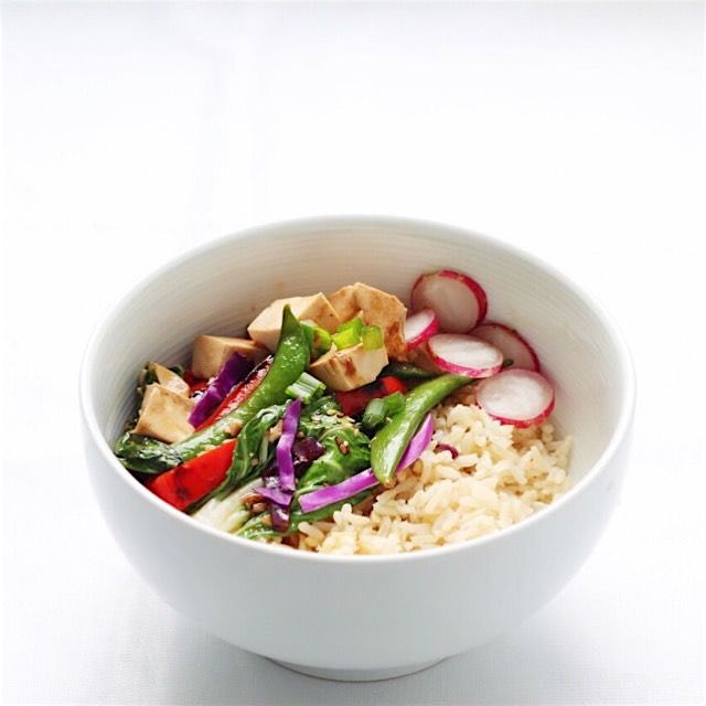 Stir-fry of rainbow veggies: Bok choy, snow peas, capsicum, tofu, red cabbage 