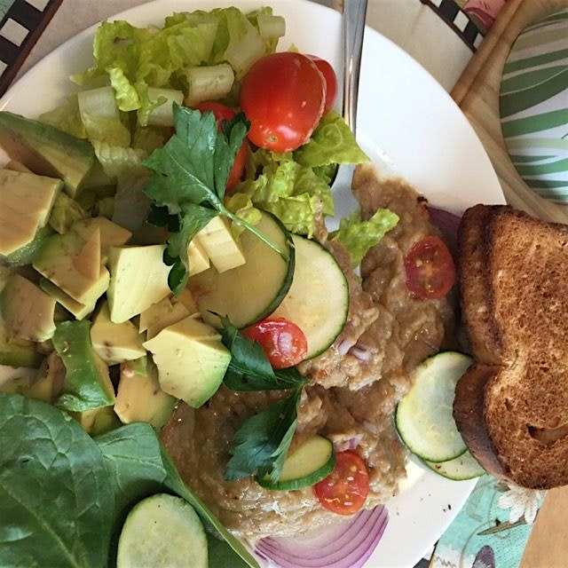 Eggplant avocado and tomato welcoming spring