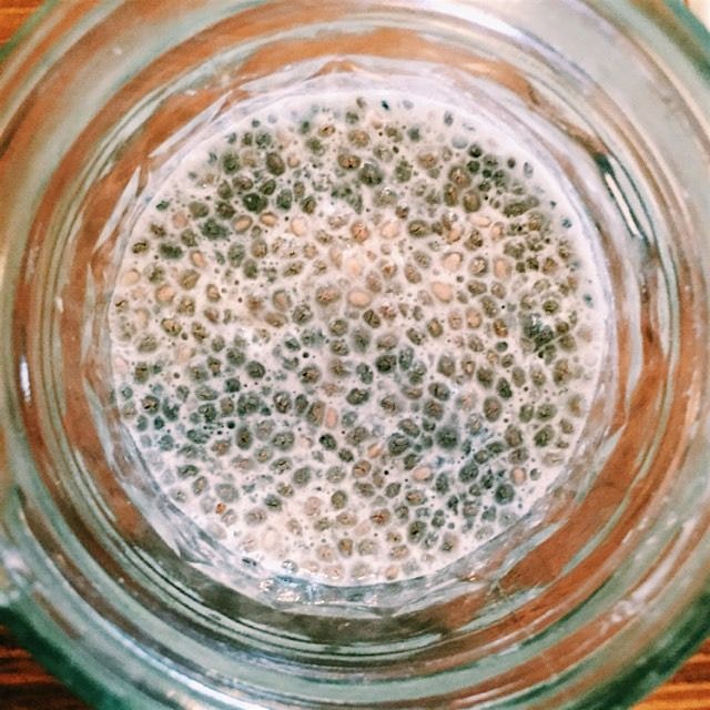 Chia seeds soaked in almond milk overnight  in a mason jar. Great grab-n-go breakfast