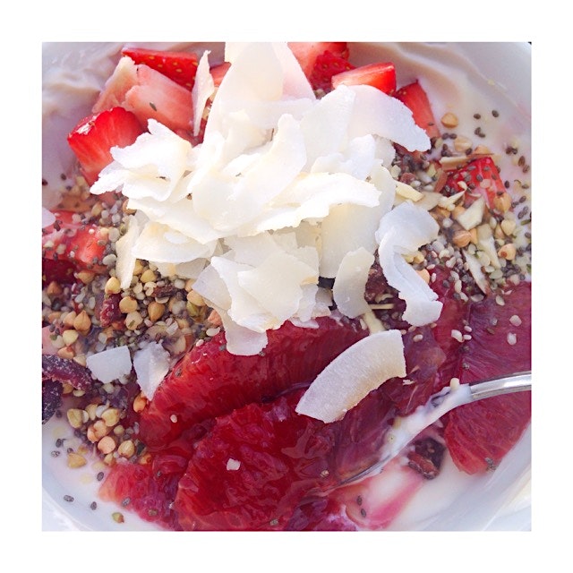 Strawberry & Blood Orange with Yogurt, Qu'i Cereal, & Coconut. Plain yogurt flavored with Barlean...
