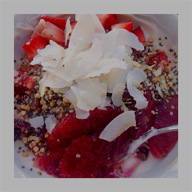 Strawberry & Blood Orange with Yogurt, Qu'i Cereal, & Coconut. Plain yogurt flavored with Barlean...