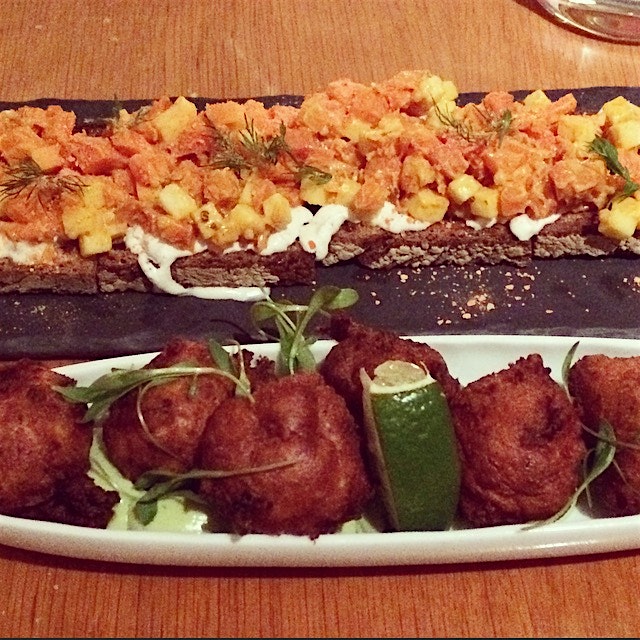Starters - smoked carrot rillette, w comte, dijon mustard, rye bread; Maine shrimp fritters w avo...