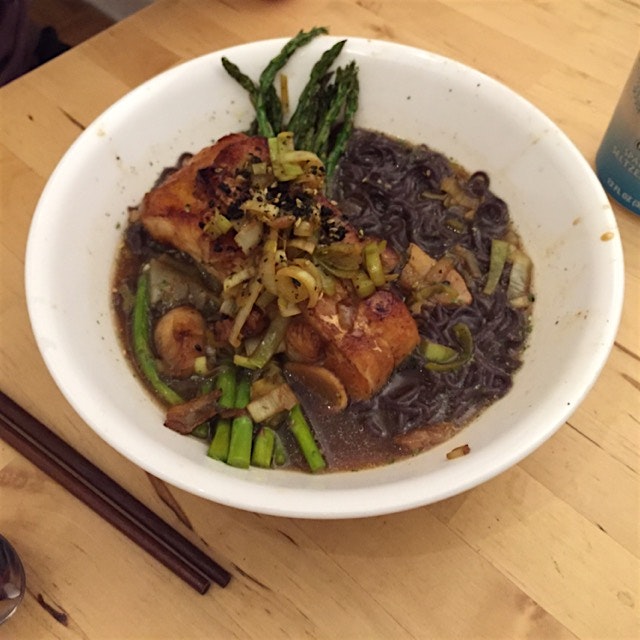 Miso cod with asparagus and black rice noodles... Results of a late night pantry raid