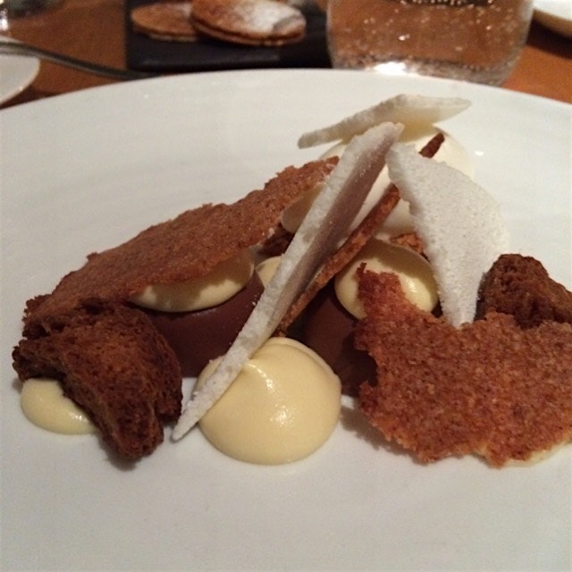 No matter how full, there's always room for dessert- spiced chocolate cremeux w eggnog cream & mi...