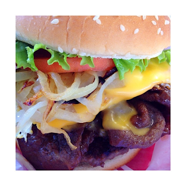 Today's lunch: THE Hukilau Burger as soon on Man vs. Food!! Homemade hamburger patty, teriyaki be...