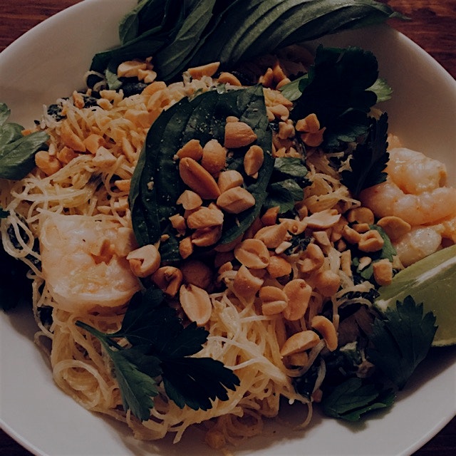 Tom Yum-style shrimp and noodles. Used vermicelli noodles to make it #glutenfree and topped it of...