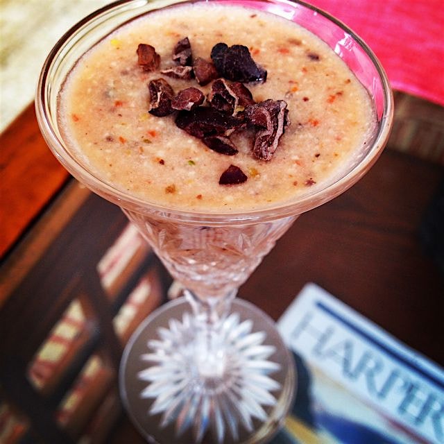 Strawberry Gogi Cacao cocktail to go with a little afternoon reading :) -- with almonds and cocon...