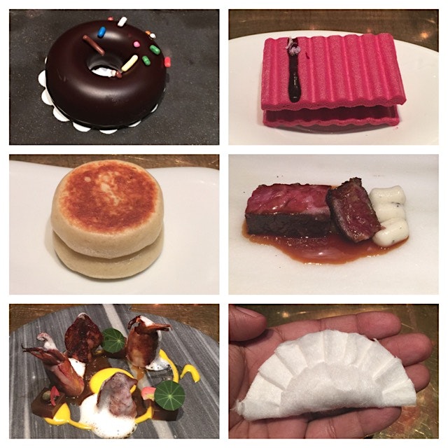 Selection of courses from the 27 course dinner at é: Foie gras and black truffle donut, beet gazp...
