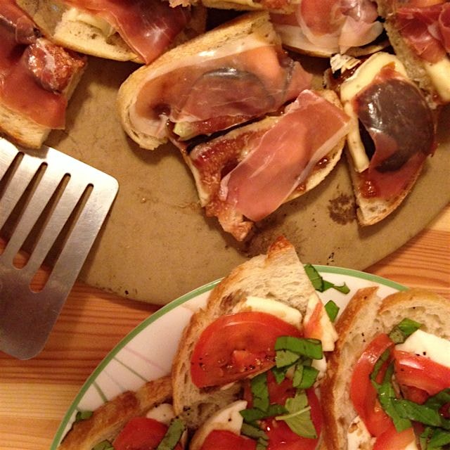Fig, brie, fig jam and prosciutto tartines with Tribeca Oven bread. Great for a warm night.