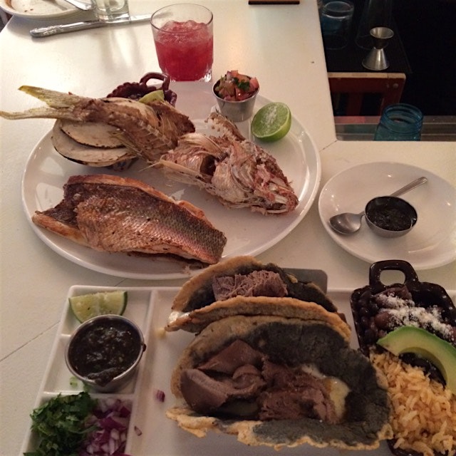 Surf x Turf - filleted red snapper, where the bones are fried crisp and served as well; braised b...