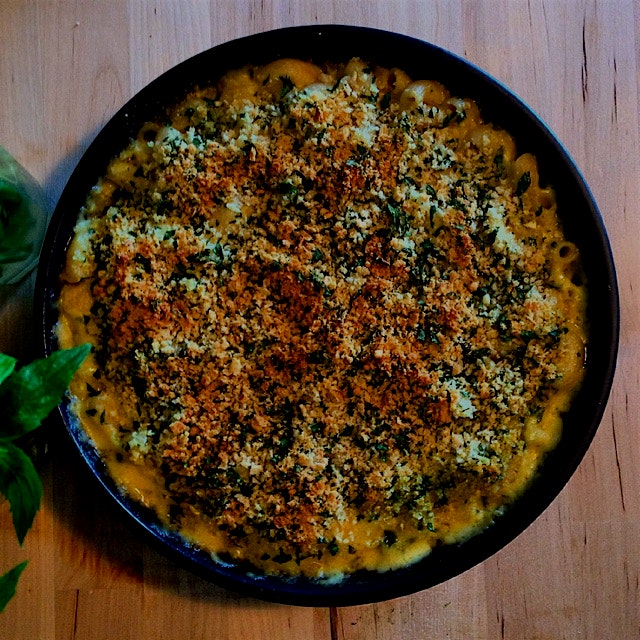 Comfort Food: Four Cheese Mac n Cheese. Panko, garlic, parm and parsley topping. Brown rice pasta...