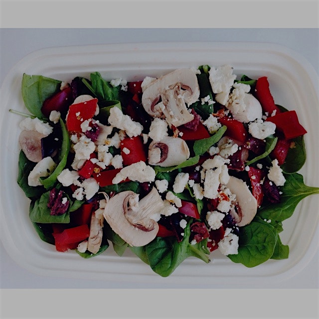 Greek salad for lunch today! Spinach, mushrooms, red bell pepper, kalamata olives, and feta.
