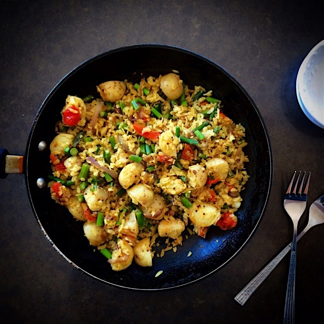Asparagus and baby potato "poha" (flattened rice). Vegan, gluten-free & nut-free. 