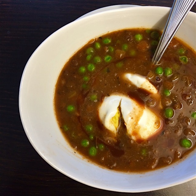 lentil soup with a soft boiled egg & chipotle hot sauce #worklunch 