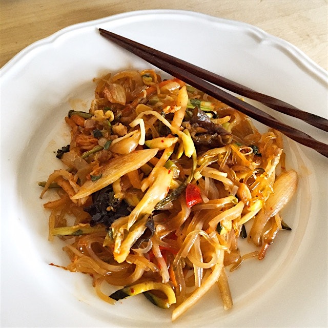 Homemade Japchae for dinner today. These Korean yam glass noodles are a joy to cook with. Sautéed...