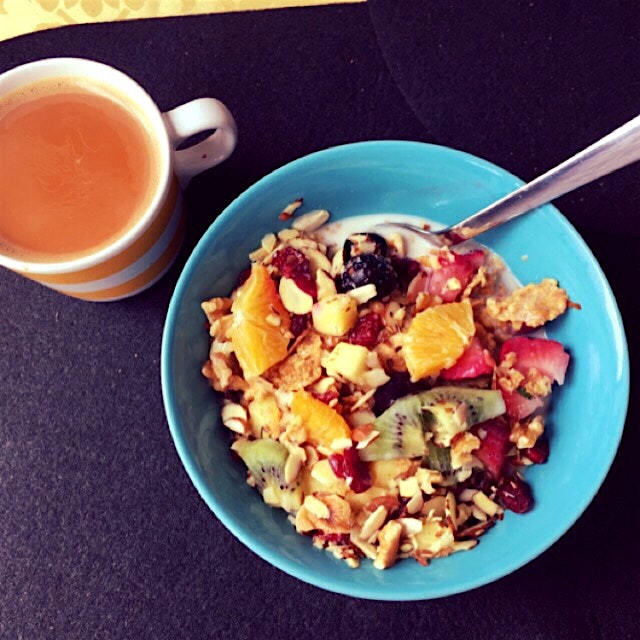 My amazing #fruit loaded breakfast bowl with hot cup of chai :) 
