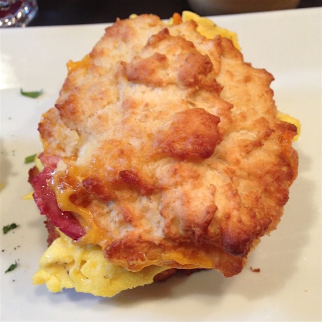 Talking shop over Duck bacon and green eggs homemade biscuit!