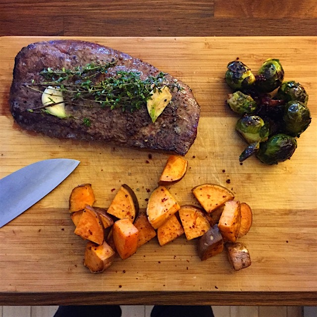 Merlot steak, roasted brussel sprouts, roasted sweet potatoes. #wholeanimalbutchery 