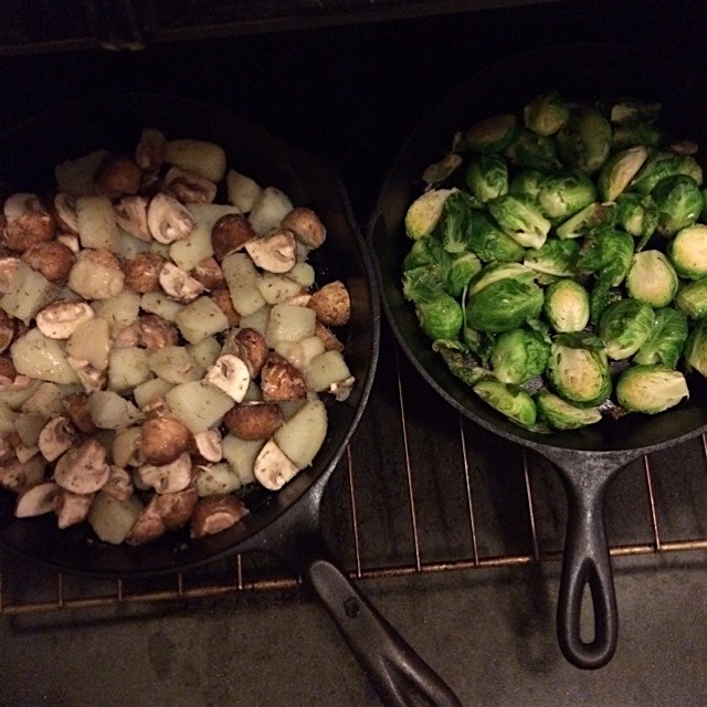 Skillet vegetables - duck fat roasted russet potato X crimini mushrooms; brussels sprout to be dr...