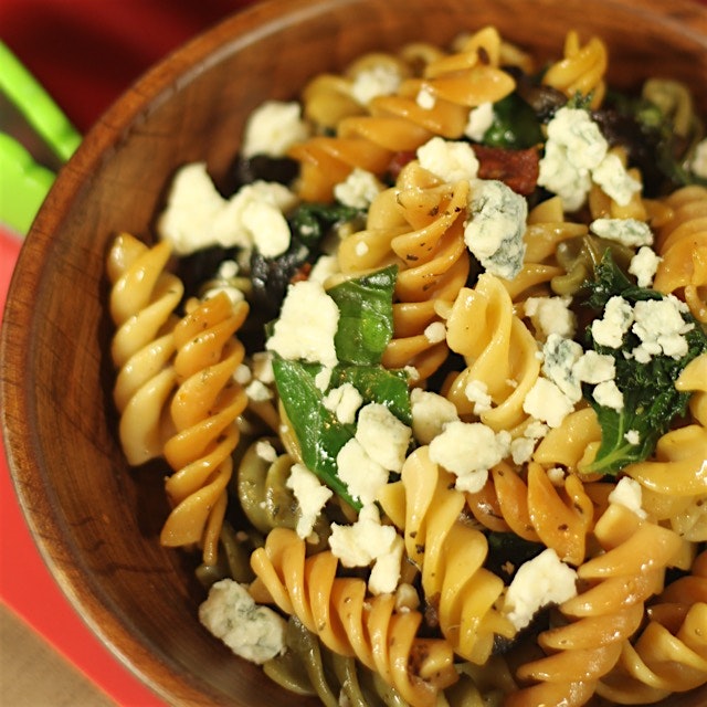 Tri-color rotini pasta with greens