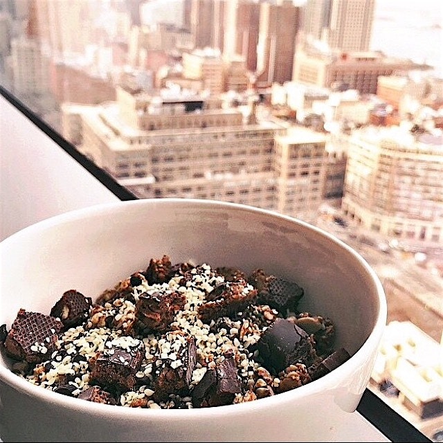 Granola topped with squarebar chunks, chia, hemp seeds, and cacao! AKA chocolatey "proats"! Creat...