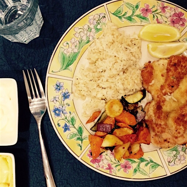 chicken schnitzel with roasted vegetables, not bad for a weeknight 