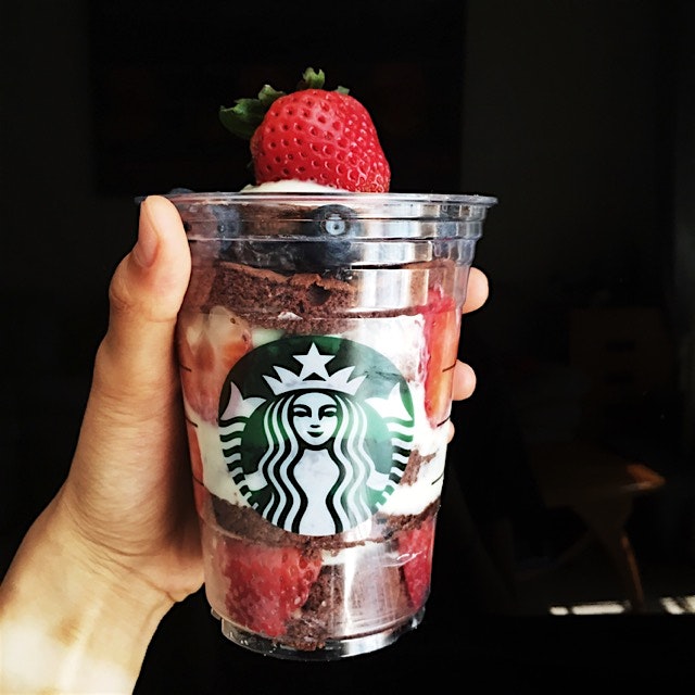 A naked cake in a cup! (My friend loves starbucks haha) 

Chocolate sponge, cream cheese frosting...