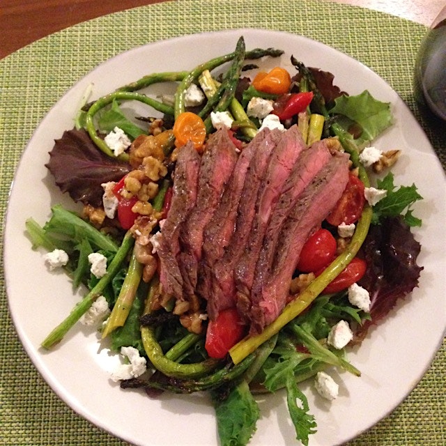 Steak salad with roasted veggies, walnuts, and goat cheese