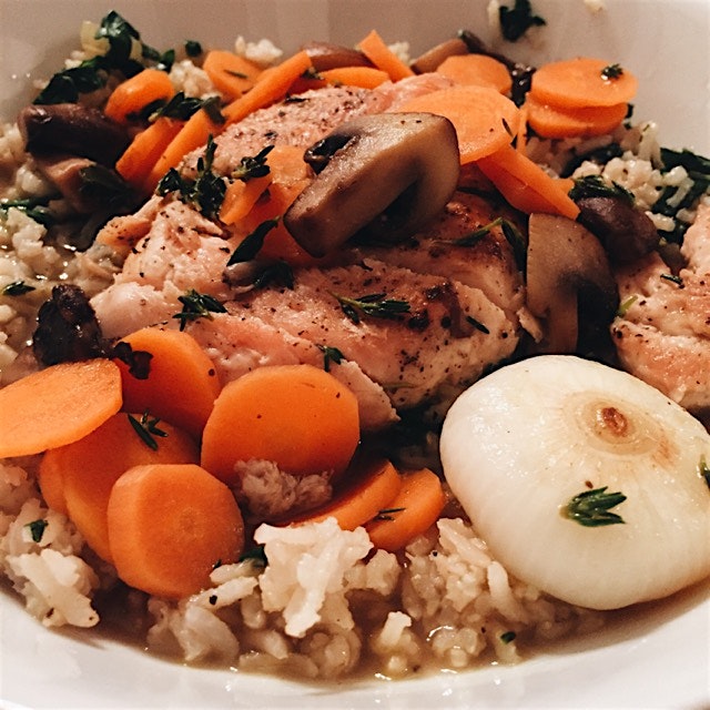 Pan seared chicken verjus over brown rice with swiss chard and thyme. I thinly sliced the stems o...