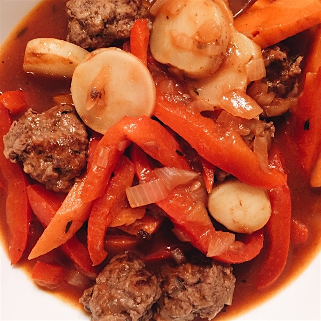 Last night's lamb and thyme meatball stew with carrots and potatoes