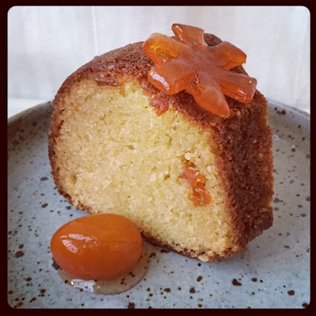 Cinnamon Candied Kumquats in an Almond Bundt Cake with orange blossom water essence 