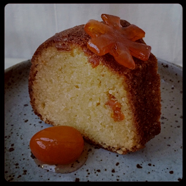 Cinnamon Candied Kumquats in an Almond Bundt Cake with orange blossom water essence 
