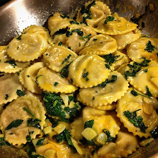 Turkey egg pasta
Squash/red lentil ravioli. 