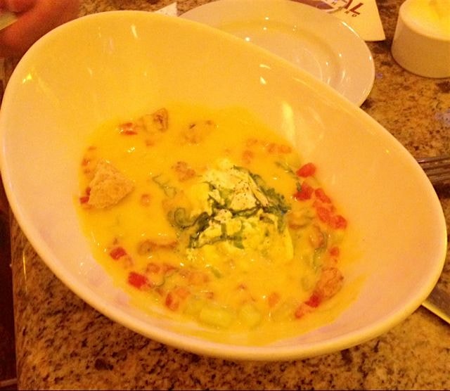 One of my favorite soups ever.  Yellow tomato gazpacho with burrata 