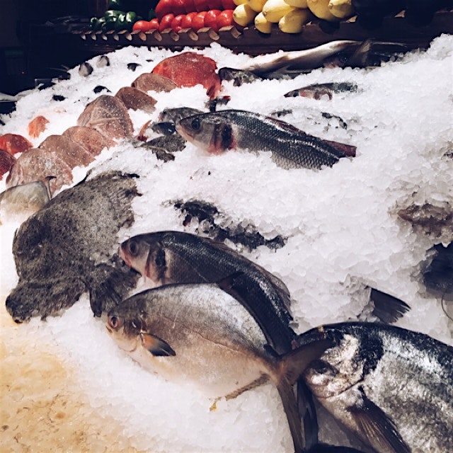 Fish on ice at Avra. Some selections (though not all) are caught and served same day. You pay by ...
