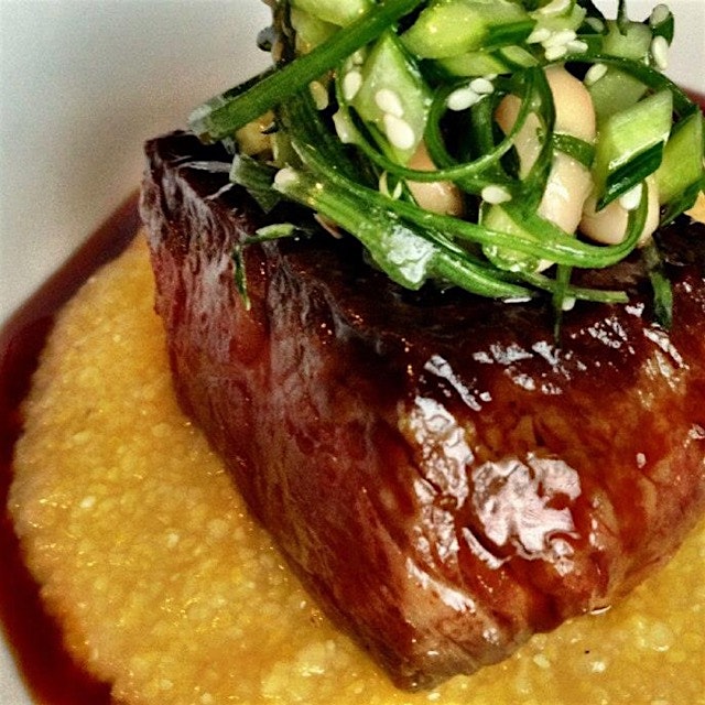 Mirin braised short rib with pickled bok choy and sesame polenta