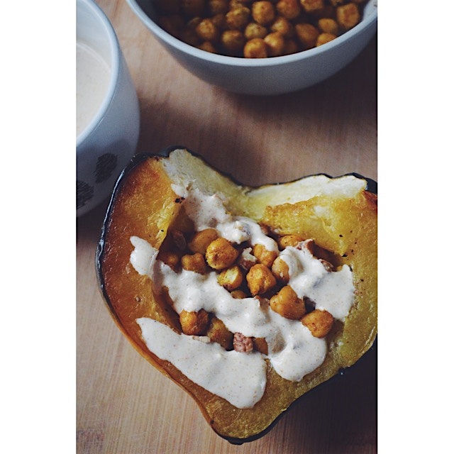 Check out this acorn squash filled with roasted chickpeas and a curry yogurt sauce. The curry and...