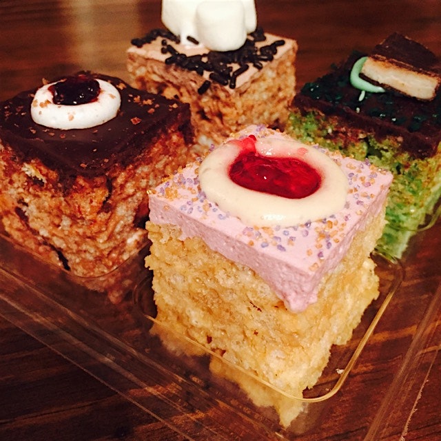 Mint, PB&J, Chocolate Cherry, and Smores flavored Rice Krispies treats! Dairy free and gluten free.