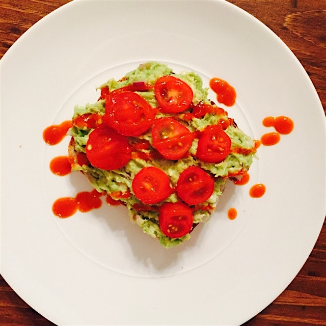 Tuna salad made with avocado instead of mayo + cherry tomatoes with sriracha on gluten-free toast