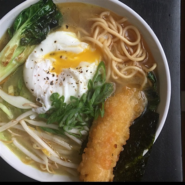 Miso ramen with shrimp tempura. 