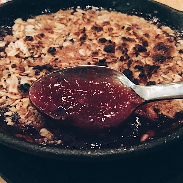 Cast iron blackberry and rhubarb cobbler with oatmeal crumble 