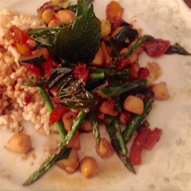 Chili-Garlic Wild Bay Scallops with Tender Spring Aparagus and Sizzled Basil Leaves