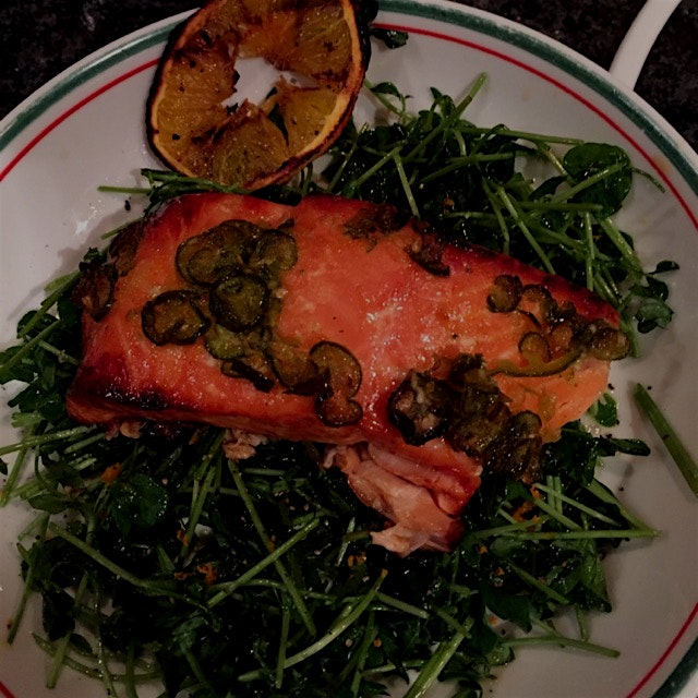 Had to bite into this before posting.  King salmon with honey-ginger-orange-Serrano glaze and pea...