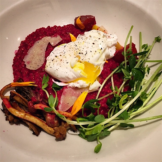 I'm in love: millet and beet risotto, baby turnips, 'cinnamon cap' and 'hen of the woods' 'shroom...