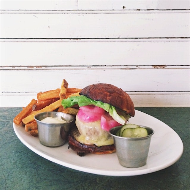 My new favorite burger uses a Dutch crunch as bun. At Bar Bolinas in Clinton Hill 