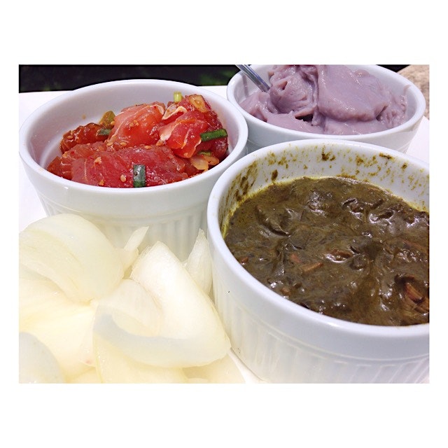 Fresh island Ahi Poke, Poi, Luau Stew (made with the taro leaves from my garden & big island beef...