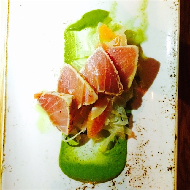 Dinner with friends with tuna And avocado. Little beet table is just as cute as the name. Tuna is...